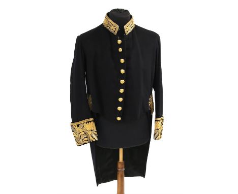 Diplomats Court Coatee Dress coat in black wool with heavy bullion braided collar, cuffs and waist area the braiding  in the 