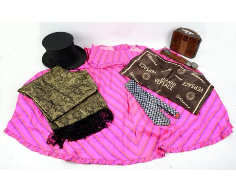 Antique brown leather and silver belt, and a collection of vintage clothing items and accessories including pink silk taffeta