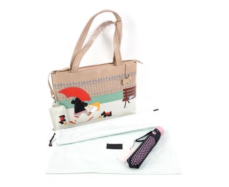 Radley Signature zipped top Tote bag Rainy days with matching coin purse, leather cream. And compact umbrella Pulse of London