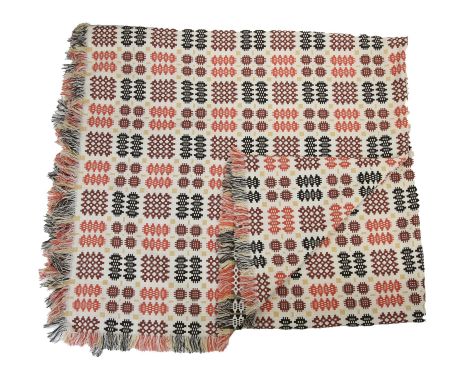 Traditional Welsh woven wool blanket typical geometric design in browns and rusts 284cm x 247cm plus fringeCondition Report: 