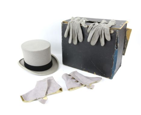 R W Forsyth Ltd  of Edinburgh and Glasgow grey felt top hat marked size 7/18, grey gloves, and matching spats, 
