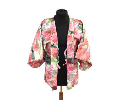 Three vintage Japanese silk Hori Komino jackets one in Ikat style weave with cherry blossom and pagodas, one in black and ano