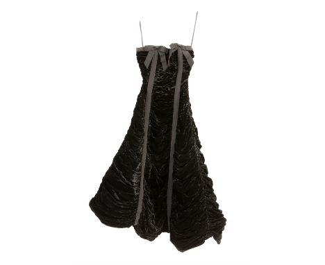 Ricci Michaels of Mayfair, black velvet sleeveless evening gown with boned bodice, all over ruching and "Flexicrin hooped pet