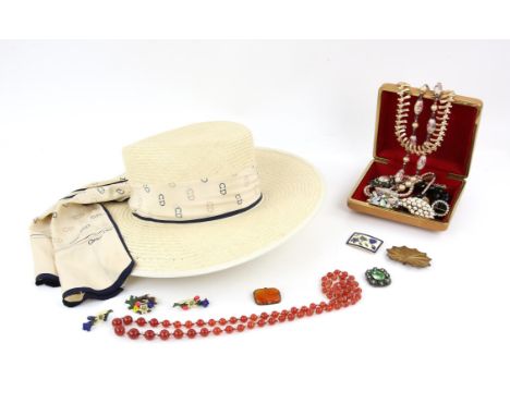 Christian Dior straw hat with a silk Dior scarf detail, and selection of vintage jewellery, including, an glass and rock crys