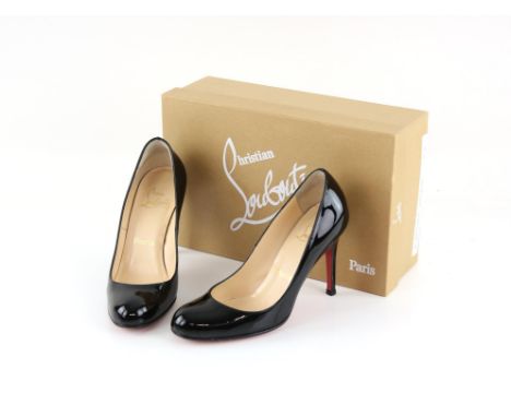 Christian Louboutin black patent leather high heeled shoes size 36, dust bag and box Condition Report:  Light wear 