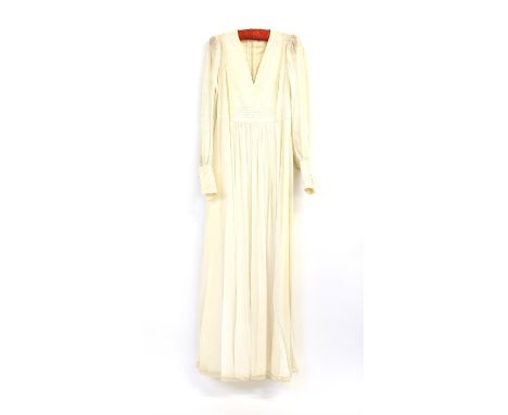 Late 1970s Patricia Miller for Liberty cream voile long sleeved formal dress, 1980s Jean Allen Black velvet evening dress, Fe