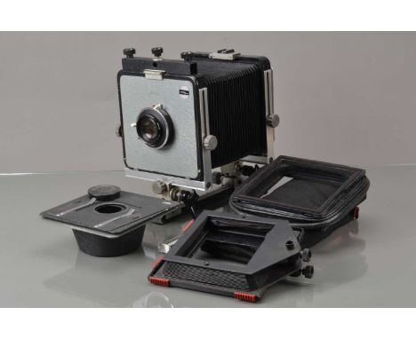 An Arca Swiss 5 x 4 Monorail Camera, all moves freely, body G, bellows G, with film plate focus screen back, Rodenstock Apo R