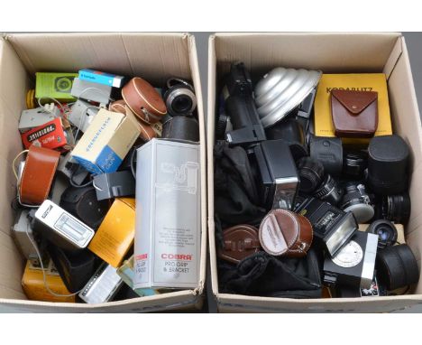 Two Boxes of Camera Related Accessories, including flash units, tele converters, tubes, power grips, Nikon lens bags and othe