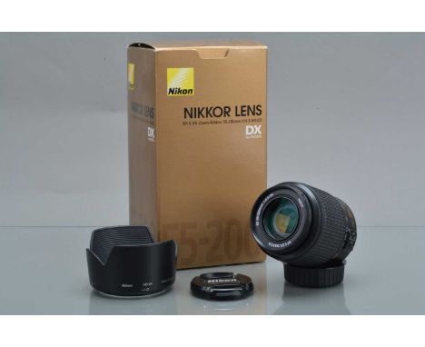 A Nikon DX AF-S Nikkor 55-200mm f/4-5.6G Lens, auto focusing working, barrel VG, elements VG, with front & rear caps, HB-34 h