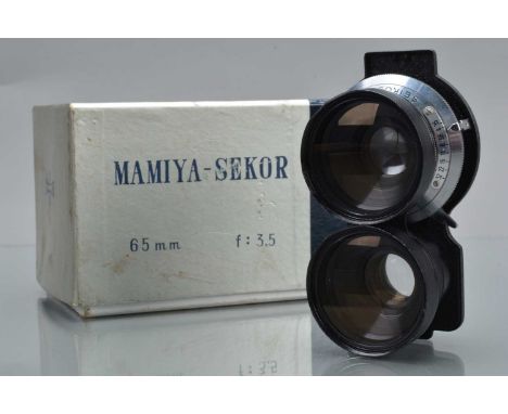 A Mamiya Sekor 65mm f/3.5 TLR Lens, shutter working, barrel G, ding to taking lens filter ring, light wear, elements F-G, som