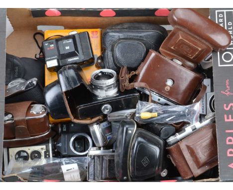 A Tray of Various Cameras, including a Zeiss Ikon Nettar, Minolta Easy Flash, Yashica Electro 35,Kodak Retina IIc, Agfa Optim