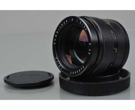 A Leitz 90mm f/2 Summicron-R E 55 Lens, 3rd CAM, made in Canada,  serial no 3405662, 1986, barrel G, some light paint wear, e