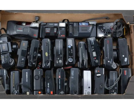 A Tray of Compact Cameras, manufacturers include Olympus, Vivitar, Konica, Yashica, Praktica, Halina and other examples, all 