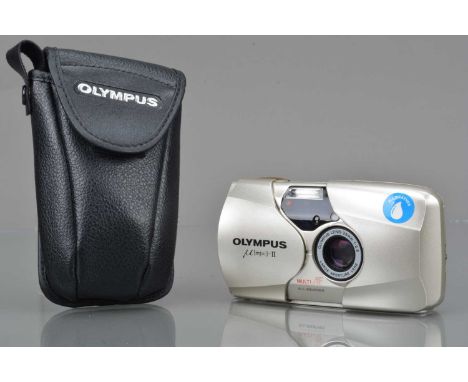 An Olympus mju II Compact Camera, silver, shutter working, flash working, self timer working, body VG, elements VG, with Olym