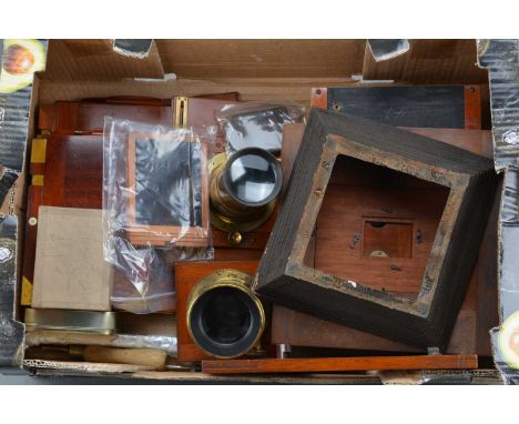 Mahogany & Brass Camera Parts, two large unmarked Waterhouse stop brass lenses, one on Stanley lens board, G, a set of Waterh