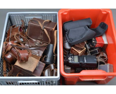 Two Boxes of Camera Related Accessories, including two Yongnuo flash units, untested, VG, a quantity of light meters, manufac