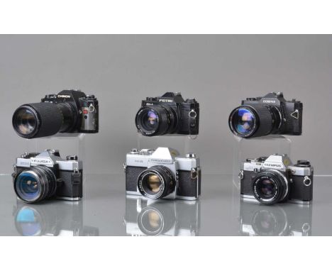 A Group of SLR Cameras, an Olympus OM-10, not working, with Zuiko 50mm f/1.8 lens, barrel VG, elements G, Mamiya/Sekor 1000 D