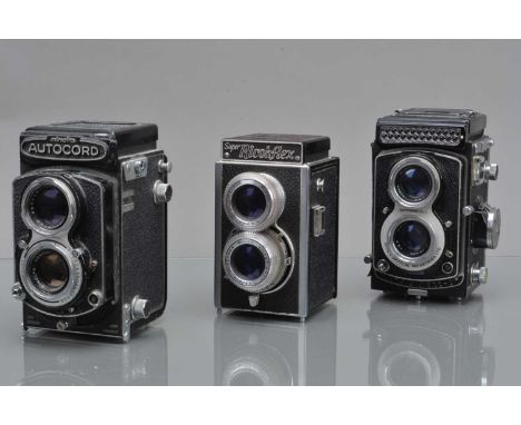 Three TLR Cameras, a Riken Ricohmatic 225, shutter working, light cell responsive, body F-G, with 8cm f/3.5 lens, elements F-