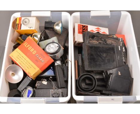Three Boxes of Camera Related Accessories, including rangefinders, light meters, filters, Fidelity 12 x 16.5 film holders, AF
