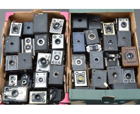 Two Trays of Box Cameras, models include Kodak Brownie D, Brownie Flash II, Model C, Portrait Brownie, R F Hunter Gilbert, En