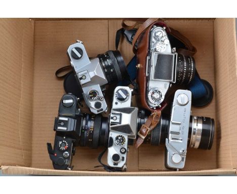 A Group of SLR Cameras, a Konica Autoflex TC, shutter working, meter unresponsive, with 50mm f/1.4 lens, G, Fujica ST605N, sh