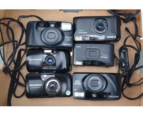 A Group of Compact Cameras, including an Olympus mju 1, shutter working, flash working, self timer working, body G, mju Zoom 