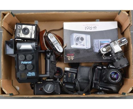 A Tray of Various Cameras, a Nikon F90x, shutter working, meter responsive, body F, some scratches & wear, with Sigma 28-70mm