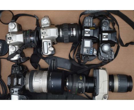 A Group of SLR Cameras, a Pentax MZ-50, with SMC FA 28-80mm f/3.5-4.7 lens, MZ-5n, with SMC F 35-70mm f/3.5-4.5 lens, Minolta