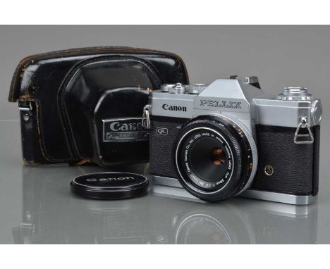 A Canon Pellix QL SLR Camera, serial no 105003, shutter working, meter responsive, self timer working, body G-VG, with Canon 