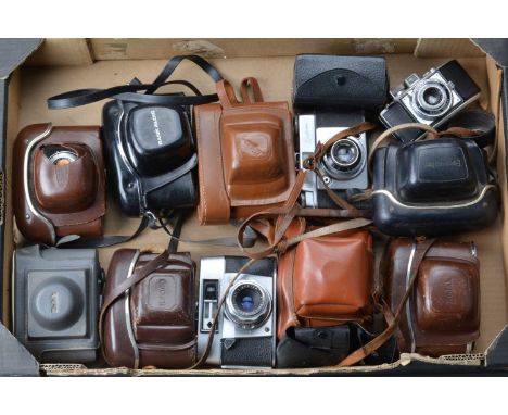 A Tray of Viewfinder Cameras, manufacturers include Agfa, Ilford, Rank Aldis, Kodak and Dacora, F-G