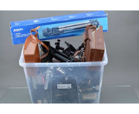 A Box of Camera Related Accessories, including flash units, brackets, extension tubes, camera parts, light meters, tripods, b