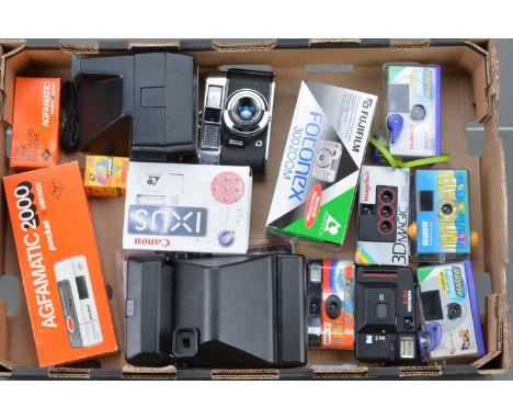 A Tray of Various Cameras, including five disposable cameras, a Voigtländer Automatic R, G-VG, Canon Ixus, Fujifilm 300 Zoom 