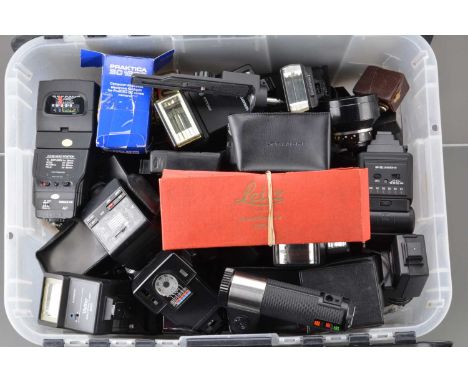 A Box of Camera Related Accessories, including flash units, filters, motor drives, light meters. Tele converters and other it