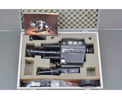 A Beaulieu 5008-S Super 8 Cine Camera, untested, body G-VG, with P Angenieux type 13.5x6 B 6-80mm f/1.2 lens, elements G-VG, 