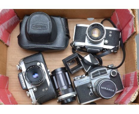 Three Miranda SLR Cameras, a Miranda D, shutter working, with waist level finder, body G, with 50mm f/1.9 lens, G, a Sensomat