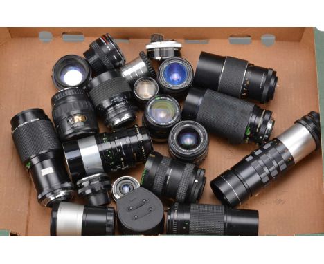 A Tray of Various Lenses, zoom & prime lenses, various mounts & focal lengths, manufacturers include Yashica, Pentacon, Parag