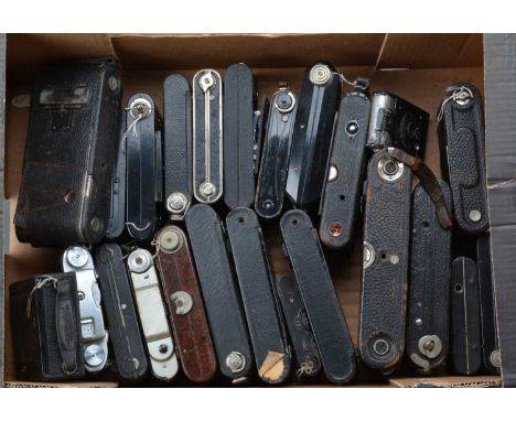 A Tray of Folding Cameras, manufacturers include Kodak, Ensign, Soho.Rajar and other examples, AF