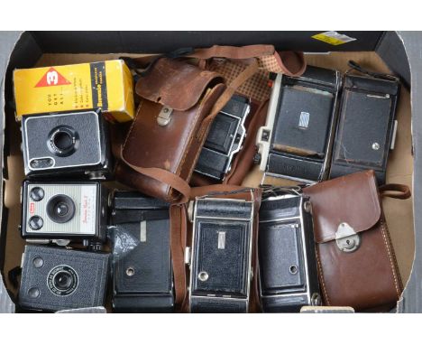 A Tray of Folding and Box Cameras, including a Zeiss Ikon Contina, Ikonta, Kodak Junior II, Balda folding camera, Six-20 Popu