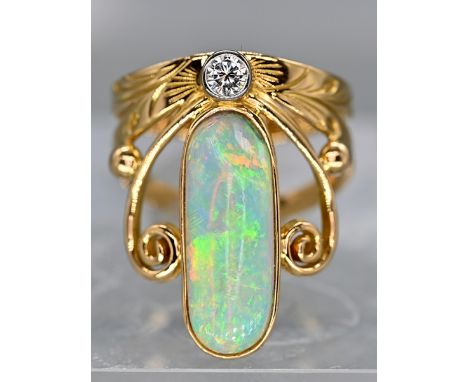 Ring mit hochfeinem Opal-Cabochon, ca. 2,5 ct, und Brillant, ca. 0,17 ct, aus dem Schmuck-Atelier von Helmut von Kleist, Worp