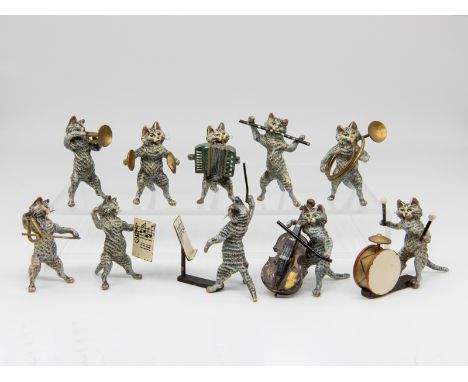 Wiener Bronze, 10-teiliges Katzen-Orchester, wohl Franz Xavier Bermann, Wien, Österreich, 1. Hälfte 20. Jh. Bronze, polychrom