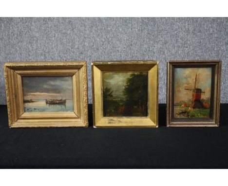 Three nineteenth century oil paintings. Landscapes and a seascape. H.25 W.30cm. (largest) 