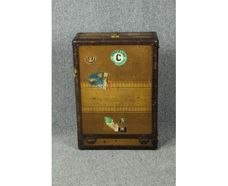 Steamer trunk, vintage leather bound with fitted interior. H.22 W.74 D.51cm. 