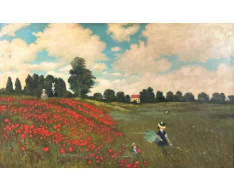 After Claude Monet. The Poppy Field near Argenteuil, 1873. A large framed hand painted copy of Monet's famous painting. Circa