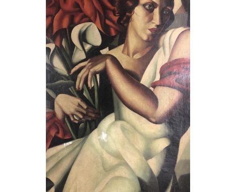 After Tamara de Lempicka. Portrait of Ira Perrot. A highly detailed hand painted copy. Circa 1950. With some surface loss on 