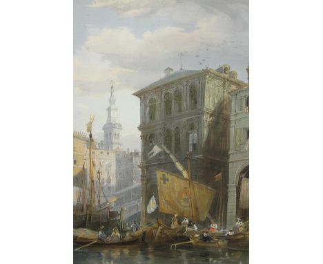 After James Holland (1799–1870). Watercolour painting. Venetian canal scene. Framed and glazed. H.63 W.50 cm. 