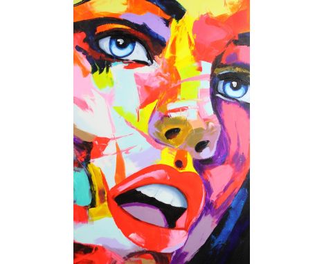 A large acrylic portrait on canvas. Signed indistinctly bottom right. H.120 W.100 cm. 