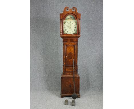 Longcase clock, Georgian oak and mahogany with painted dial and eight day movement. H.218 W.45 D.24cm. 