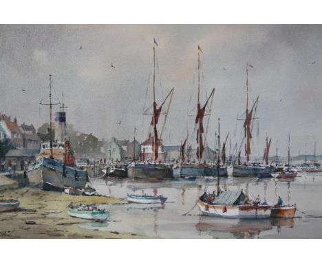 Sidney Cardew (British b. 1931). Painting, watercolour. Titled 'Maldon Waterfront'. With a label from the 'Wapping Group of A