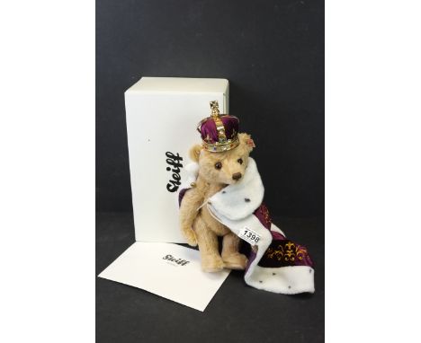 Boxed Steiff Queen Elizabeth II Coronation Teddy Bear exclusively to Danbury Mint, blond, 28cm, ltd edn, with all paperwork a