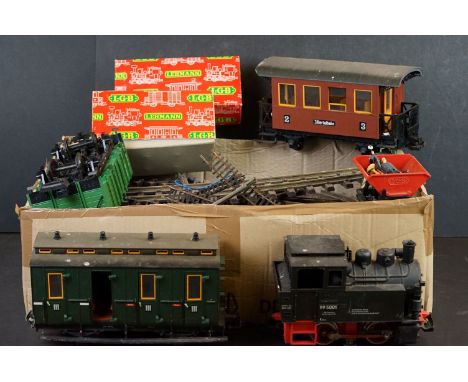 Collection of Lehmann G scale model railway to include 0-4-0 995001 locomotive in black livery, various track, boxed 4044 wag